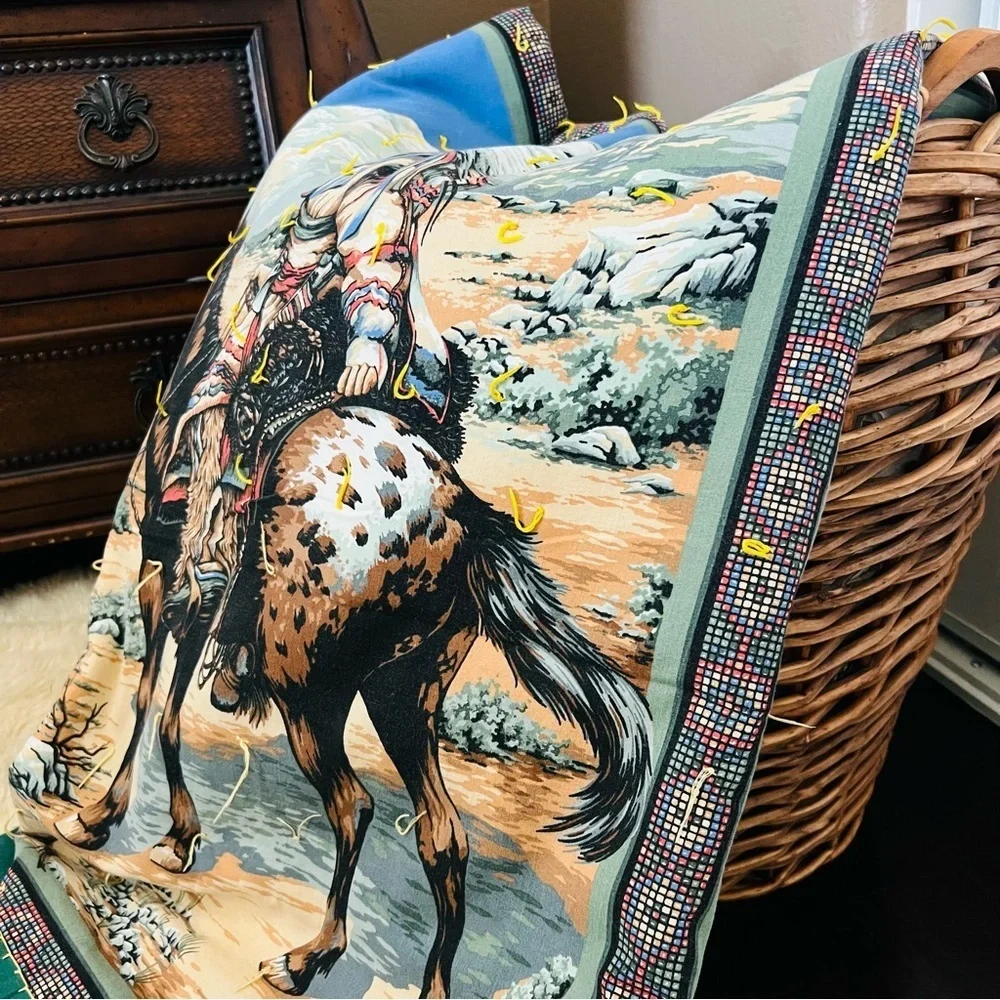 76”x52” Vintage Indian On Horse Eagles and wolfs Quilt.
